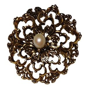 Tacoa Raised Relief‎ Brooch Pin Faux Pearl Floral Filigree Gold Tone Vintage